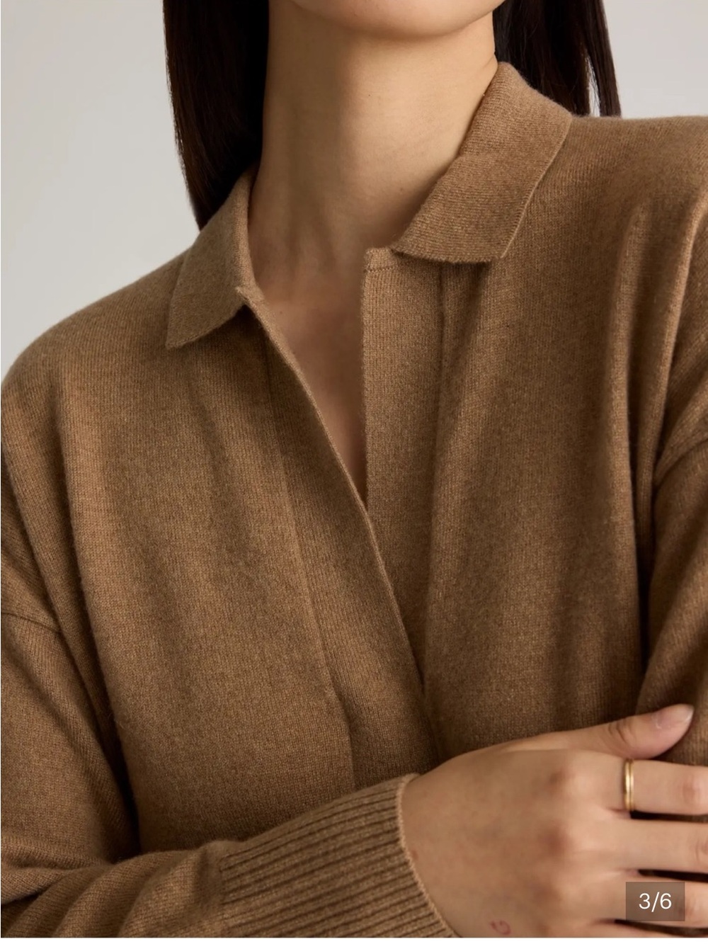 QUINCE Mongolian Cashmere Polo Sweater Solid Tan Camel Pullover Knit Large - Picture 3 of 10